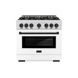 ZLINE Autograph Edition 36 in. 5.2 cu. ft. Select Dual Fuel Range with 6 Burner Gas Cooktop and Electric Convection Oven in DuraSnow® Stainless Steel with White Matte Door and Matte Black Accents (HDRSZ-WM-36-MB)