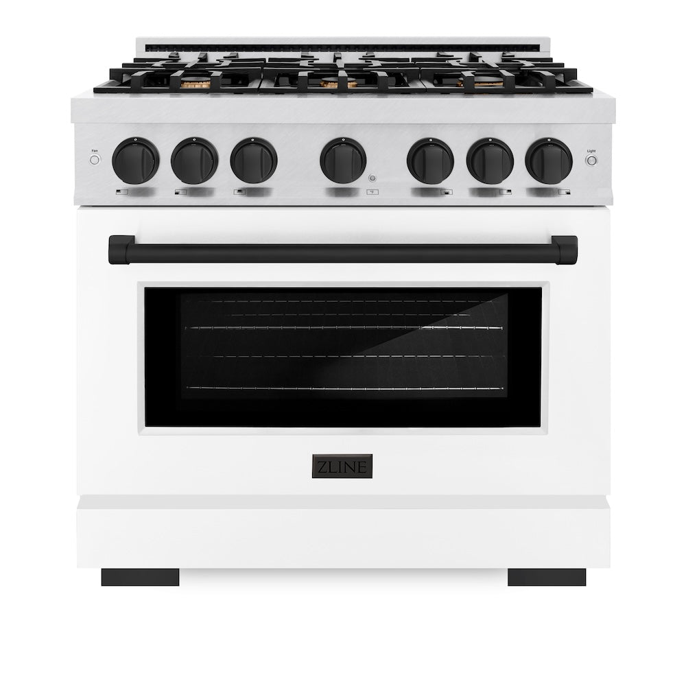 ZLINE Autograph Edition 36 in. 5.2 cu. ft. Select Dual Fuel Range with 6 Burner Gas Cooktop and Electric Convection Oven in DuraSnow® Stainless Steel with White Matte Door and Matte Black Accents (HDRSZ-WM-36-MB)