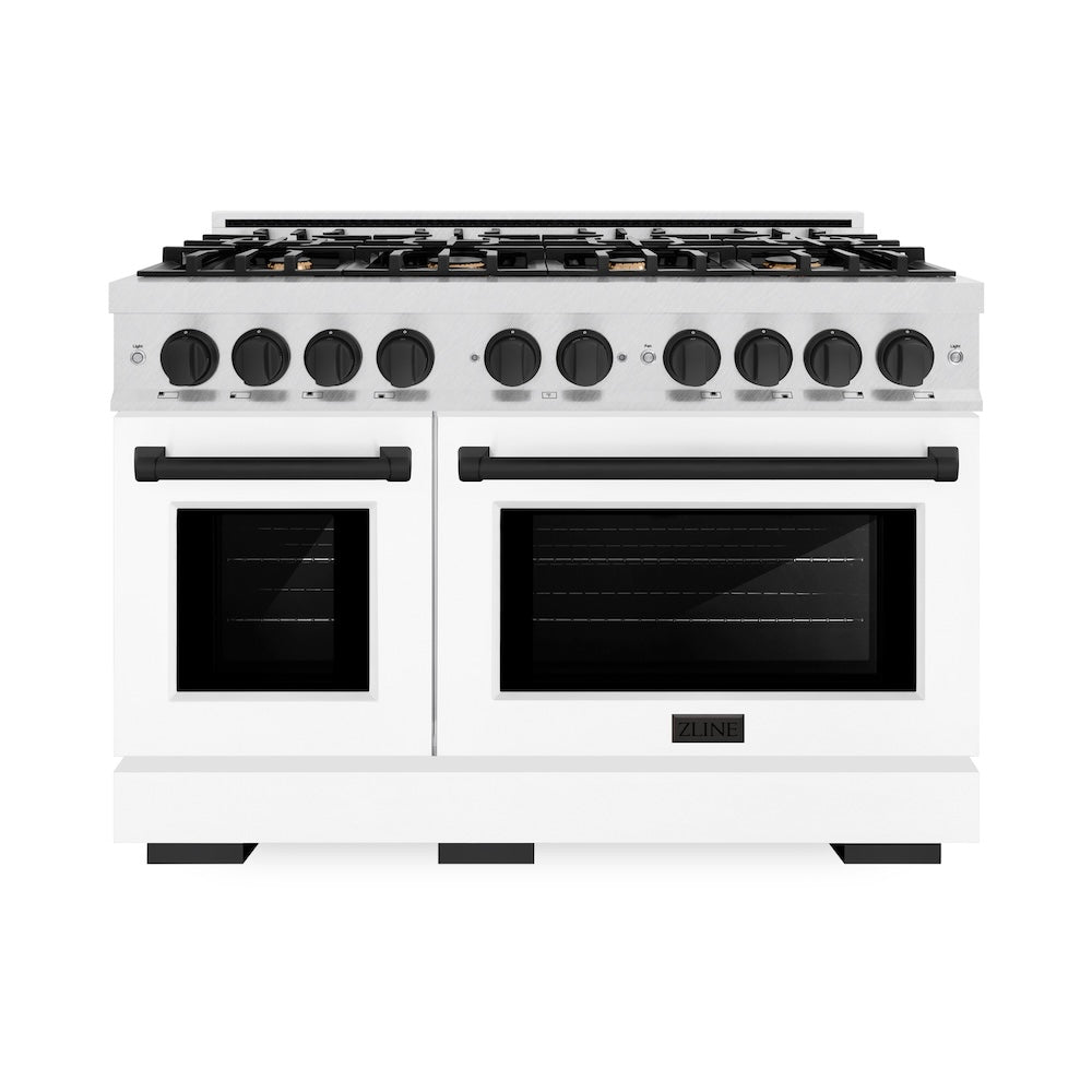 ZLINE Autograph Edition 48 in. 6.7 cu. ft. Select Double Oven Dual Fuel Range with 8 Burner Gas Cooktop in DuraSnow® Stainless Steel with White Matte Doors and Matte Black Accents (HDRSZ-WM-48-MB)