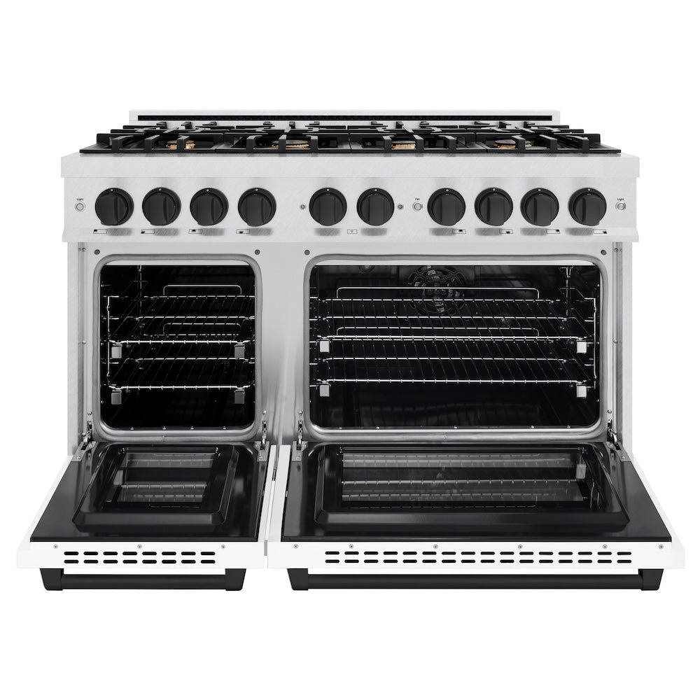ZLINE Autograph Edition 48 in. 6.7 cu. ft. Select Double Oven Dual Fuel Range with 8 Burner Gas Cooktop in DuraSnow® Stainless Steel with White Matte Doors and Matte Black Accents (HDRSZ-WM-48-MB)