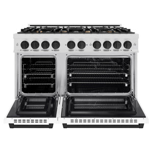ZLINE Autograph Edition 48 in. 6.7 cu. ft. Select Double Oven Dual Fuel Range with 8 Burner Gas Cooktop in DuraSnow® Stainless Steel with White Matte Doors and Matte Black Accents (HDRSZ-WM-48-MB)