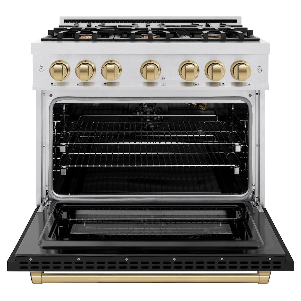 ZLINE Autograph Edition 36 in. 5.2 cu. ft. Select Gas Range with 6 Burner Cooktop and Convection Gas Oven in DuraSnow® Stainless Steel with Black Matte Door and Champagne Bronze Accents (HGRSZ-BLM-36-CB)