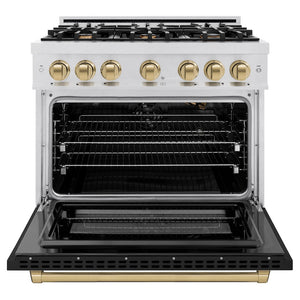 ZLINE Autograph Edition 36 in. 5.2 cu. ft. Select Gas Range with 6 Burner Cooktop and Convection Gas Oven in DuraSnow® Stainless Steel with Black Matte Door and Champagne Bronze Accents (HGRSZ-BLM-36-CB)