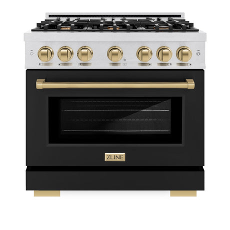 ZLINE Autograph Edition 36 in. 5.2 cu. ft. Select Gas Range with 6 Burner Cooktop and Convection Gas Oven in DuraSnow® Stainless Steel with Black Matte Door and Champagne Bronze Accents (HGRSZ-BLM-36-CB)