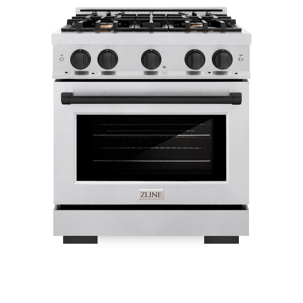 ZLINE Autograph Edition 30 in. 4.2 cu. ft. Select Gas Range with 4 Burner Cooktop and Convection Gas Oven in DuraSnow® Stainless Steel and Matte Black Accents (HGRSZ-30-MB)