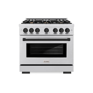 ZLINE Autograph Edition 36 in. 5.2 cu. ft. Select Gas Range with 6 Burner Cooktop and Convection Gas Oven in DuraSnow® Stainless Steel and Matte Black Accents (HGRSZ-36-MB)