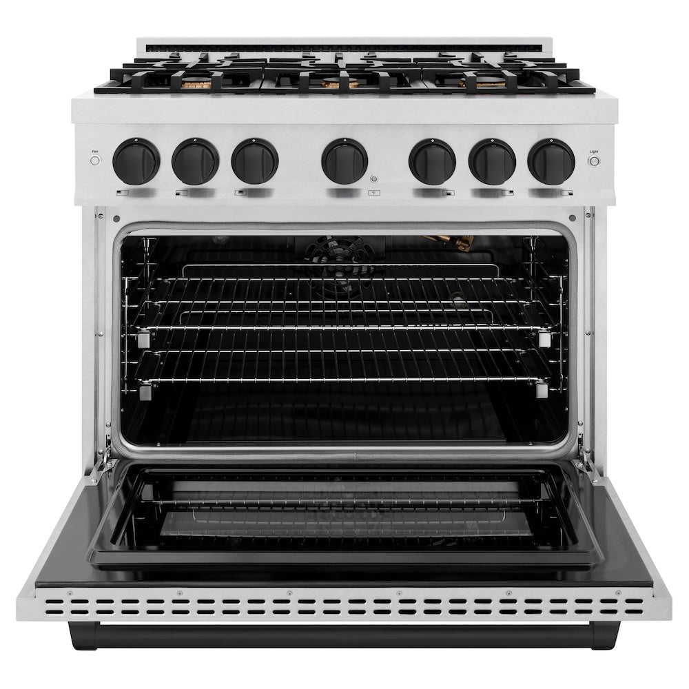 ZLINE Autograph Edition 36 in. 5.2 cu. ft. Select Gas Range with 6 Burner Cooktop and Convection Gas Oven in DuraSnow® Stainless Steel and Matte Black Accents (HGRSZ-36-MB)
