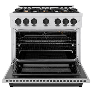 ZLINE Autograph Edition 36 in. 5.2 cu. ft. Select Gas Range with 6 Burner Cooktop and Convection Gas Oven in DuraSnow® Stainless Steel and Matte Black Accents (HGRSZ-36-MB)
