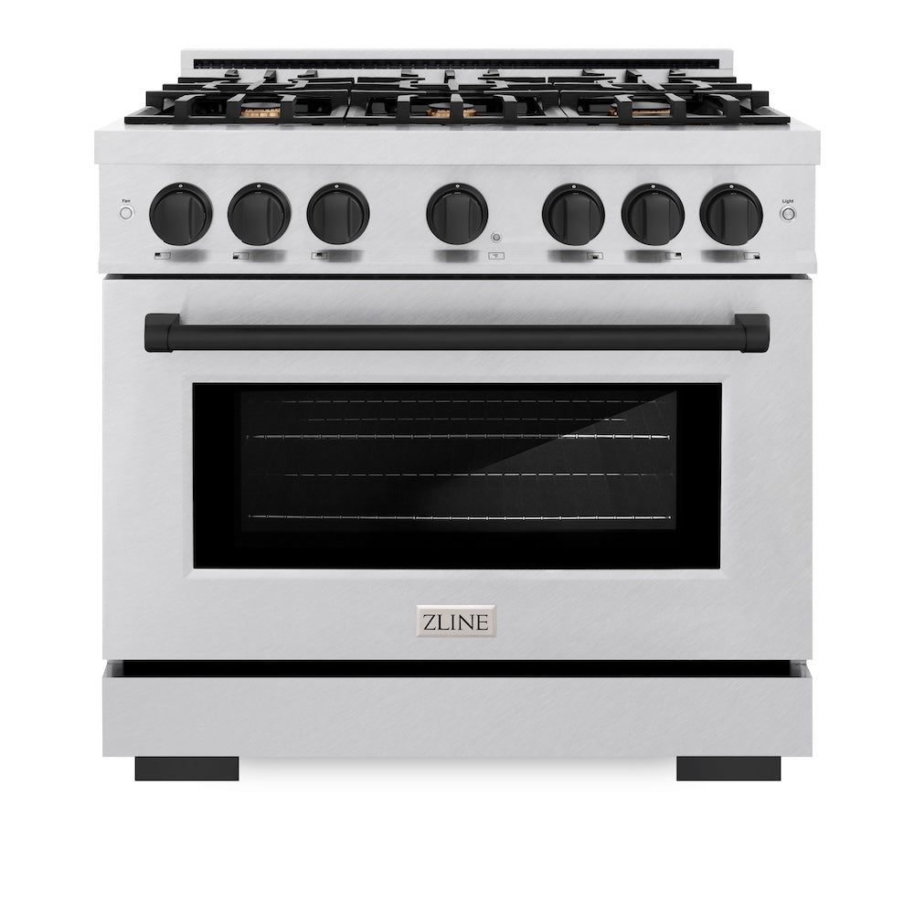 ZLINE Autograph Edition 36 in. 5.2 cu. ft. Select Gas Range with 6 Burner Cooktop and Convection Gas Oven in DuraSnow® Stainless Steel and Matte Black Accents (HGRSZ-36-MB)