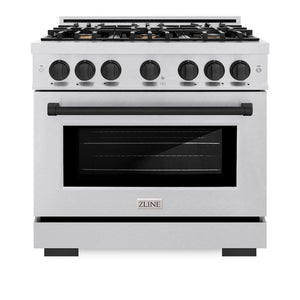 ZLINE Autograph Edition 36 in. 5.2 cu. ft. Select Gas Range with 6 Burner Cooktop and Convection Gas Oven in DuraSnow® Stainless Steel and Matte Black Accents (HGRSZ-36-MB)