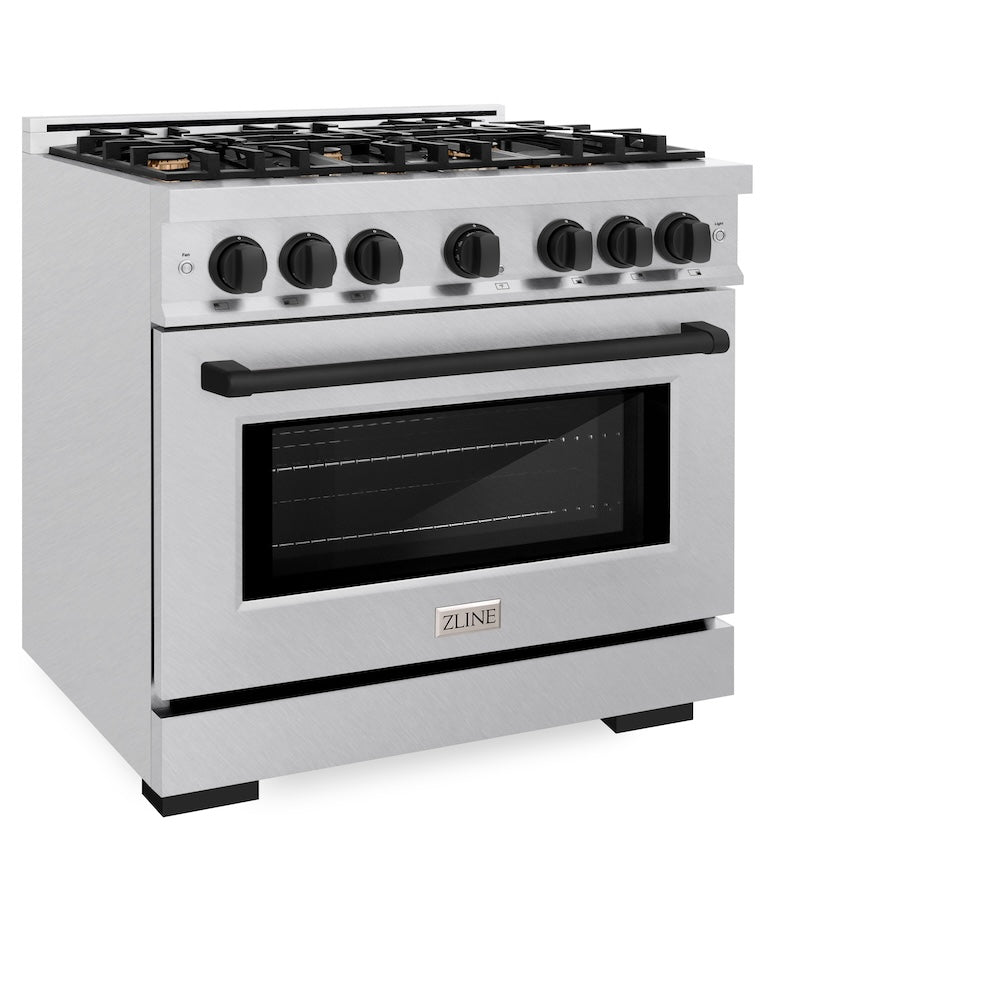 ZLINE Autograph Edition 36 in. 5.2 cu. ft. Select Gas Range with 6 Burner Cooktop and Convection Gas Oven in DuraSnow® Stainless Steel and Matte Black Accents (HGRSZ-36-MB)