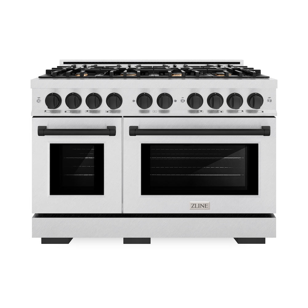 ZLINE Autograph Edition 48 in. 6.7 cu. ft. Select Double Oven Gas Range with 8 Burner Cooktop in DuraSnow® Stainless Steel and Matte Black Accents (HGRSZ-48-MB)