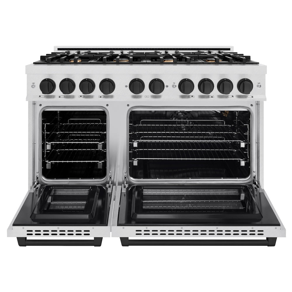 ZLINE Autograph Edition 48 in. 6.7 cu. ft. Select Double Oven Gas Range with 8 Burner Cooktop in DuraSnow® Stainless Steel and Matte Black Accents (HGRSZ-48-MB)