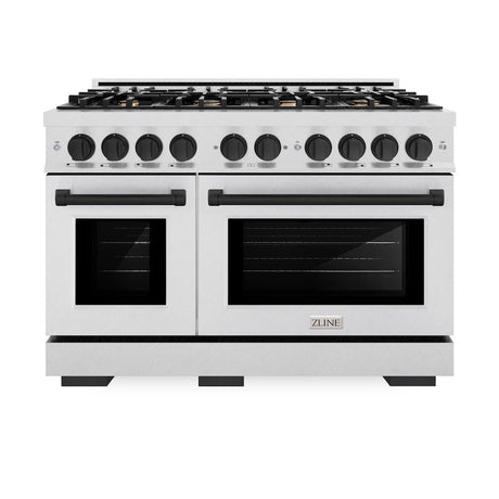 ZLINE Autograph Edition 48 in. 6.7 cu. ft. Select Double Oven Gas Range with 8 Burner Cooktop in DuraSnow® Stainless Steel and Matte Black Accents (HGRSZ-48-MB)