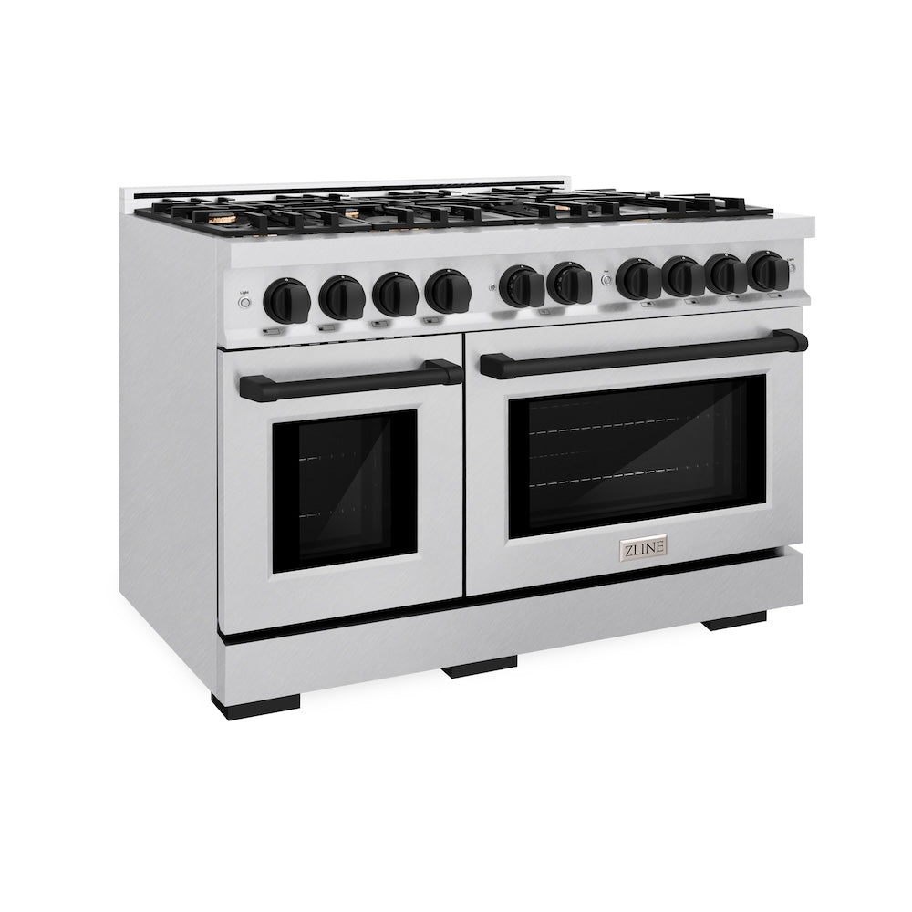 ZLINE Autograph Edition 48 in. 6.7 cu. ft. Select Double Oven Gas Range with 8 Burner Cooktop in DuraSnow® Stainless Steel and Matte Black Accents (HGRSZ-48-MB)