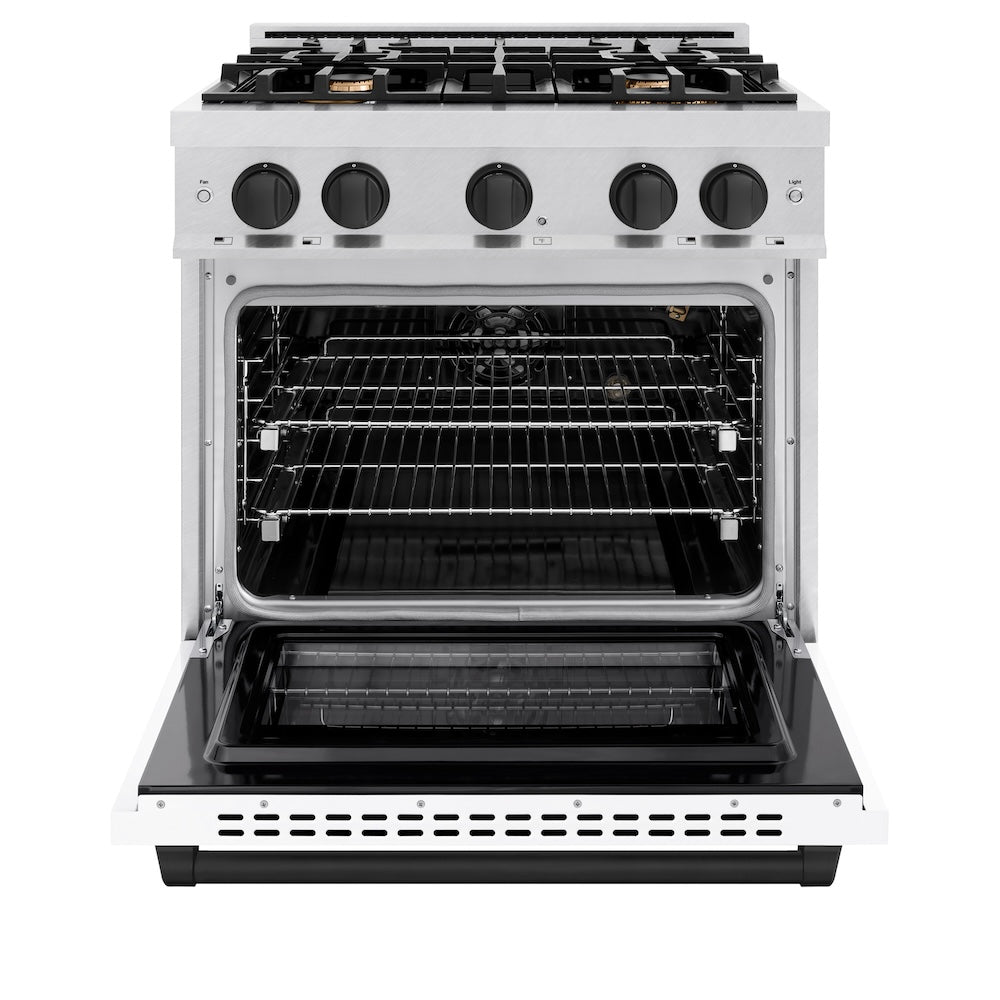 ZLINE Autograph Edition 30 in. 4.2 cu. ft. Select Gas Range with 4 Burner Cooktop and Convection Gas Oven in DuraSnow® Stainless Steel with White Matte Door and Matte Black Accents (HGRSZ-WM-30-MB)