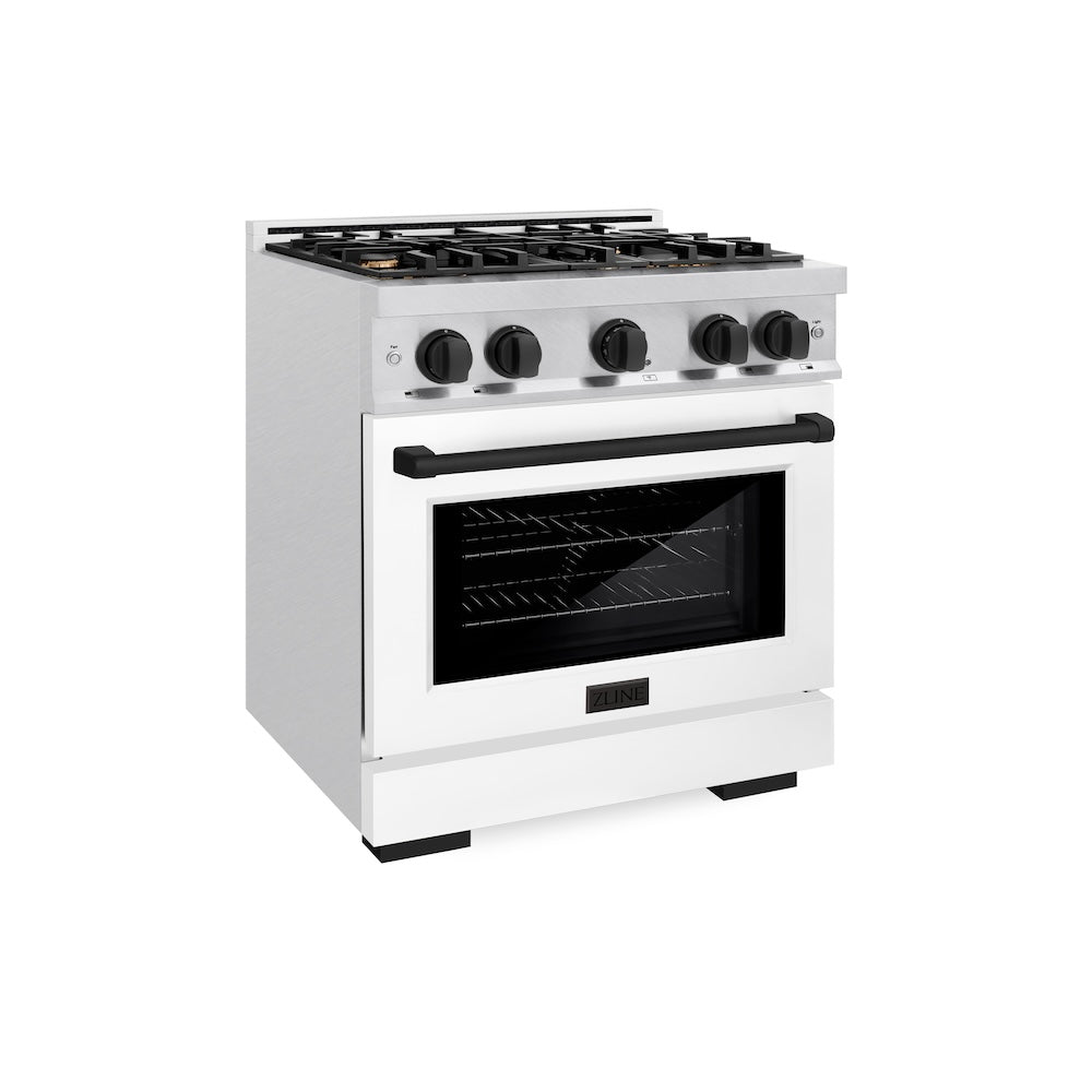 ZLINE Autograph Edition 30 in. 4.2 cu. ft. Select Gas Range with 4 Burner Cooktop and Convection Gas Oven in DuraSnow® Stainless Steel with White Matte Door and Matte Black Accents (HGRSZ-WM-30-MB)