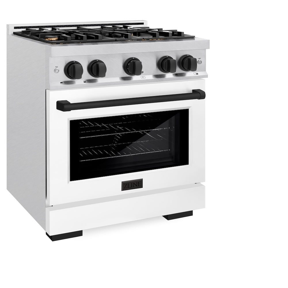ZLINE Autograph Edition 30 in. 4.2 cu. ft. Select Gas Range with 4 Burner Cooktop and Convection Gas Oven in DuraSnow® Stainless Steel with White Matte Door and Matte Black Accents (HGRSZ-WM-30-MB)