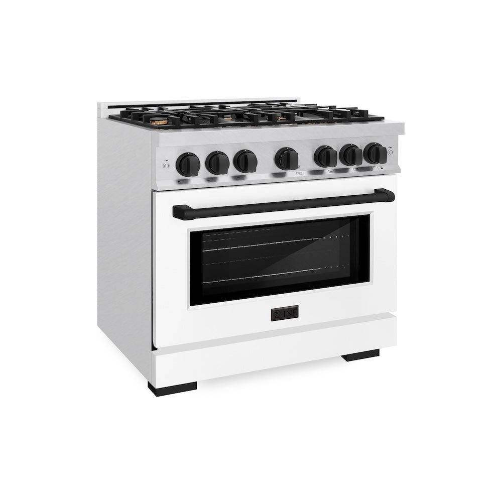 ZLINE Autograph Edition 36 in. 5.2 cu. ft. Select Gas Range with 6 Burner Cooktop and Convection Gas Oven in DuraSnow® Stainless Steel with White Matte Door and Matte Black Accents (HGRSZ-WM-36-MB)