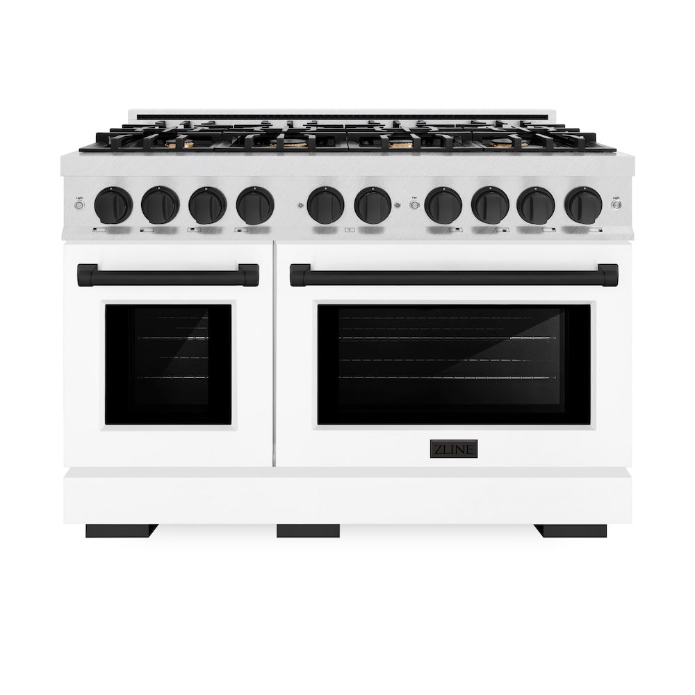 ZLINE Autograph Edition 48 in. 6.7 cu. ft. Select Double Oven Gas Range with 8 Burner Cooktop in DuraSnow® Stainless Steel with White Matte Doors and Matte Black Accents (HGRSZ-WM-48-MB)