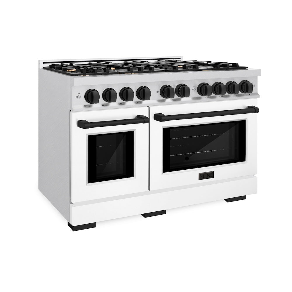ZLINE Autograph Edition 48 in. 6.7 cu. ft. Select Double Oven Gas Range with 8 Burner Cooktop in DuraSnow® Stainless Steel with White Matte Doors and Matte Black Accents (HGRSZ-WM-48-MB)