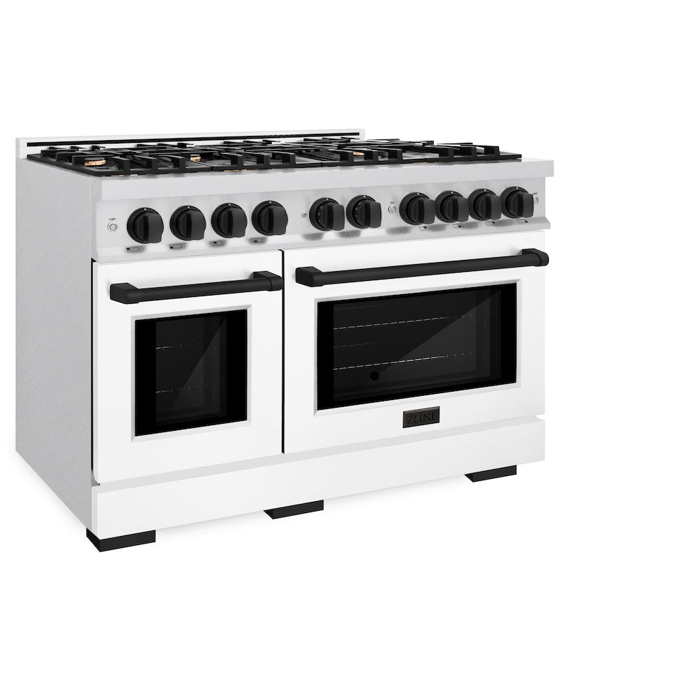 ZLINE Autograph Edition 48 in. 6.7 cu. ft. Select Double Oven Gas Range with 8 Burner Cooktop in DuraSnow® Stainless Steel with White Matte Doors and Matte Black Accents (HGRSZ-WM-48-MB)