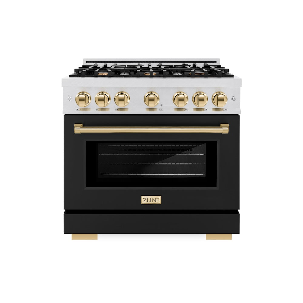 ZLINE Autograph Edition 36 in. 5.2 cu. ft. Select Dual Fuel Range with 6 Burner Gas Cooktop and Electric Convection Oven in DuraSnow® Stainless Steel with Black Matte Door and Polished Gold Accents (HDRSZ-BLM-36-G)