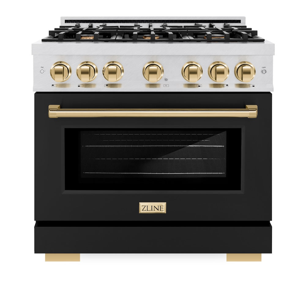ZLINE Autograph Edition 36 in. 5.2 cu. ft. Select Dual Fuel Range with 6 Burner Gas Cooktop and Electric Convection Oven in DuraSnow® Stainless Steel with Black Matte Door and Polished Gold Accents (HDRSZ-BLM-36-G)