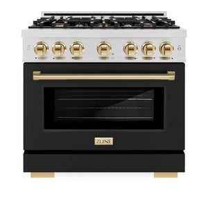 ZLINE Autograph Edition 36 in. 5.2 cu. ft. Select Dual Fuel Range with 6 Burner Gas Cooktop and Electric Convection Oven in DuraSnow® Stainless Steel with Black Matte Door and Polished Gold Accents (HDRSZ-BLM-36-G)