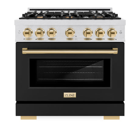 ZLINE Autograph Edition 36 in. 5.2 cu. ft. Select Dual Fuel Range with 6 Burner Gas Cooktop and Electric Convection Oven in DuraSnow® Stainless Steel with Black Matte Door and Polished Gold Accents (HDRSZ-BLM-36-G)