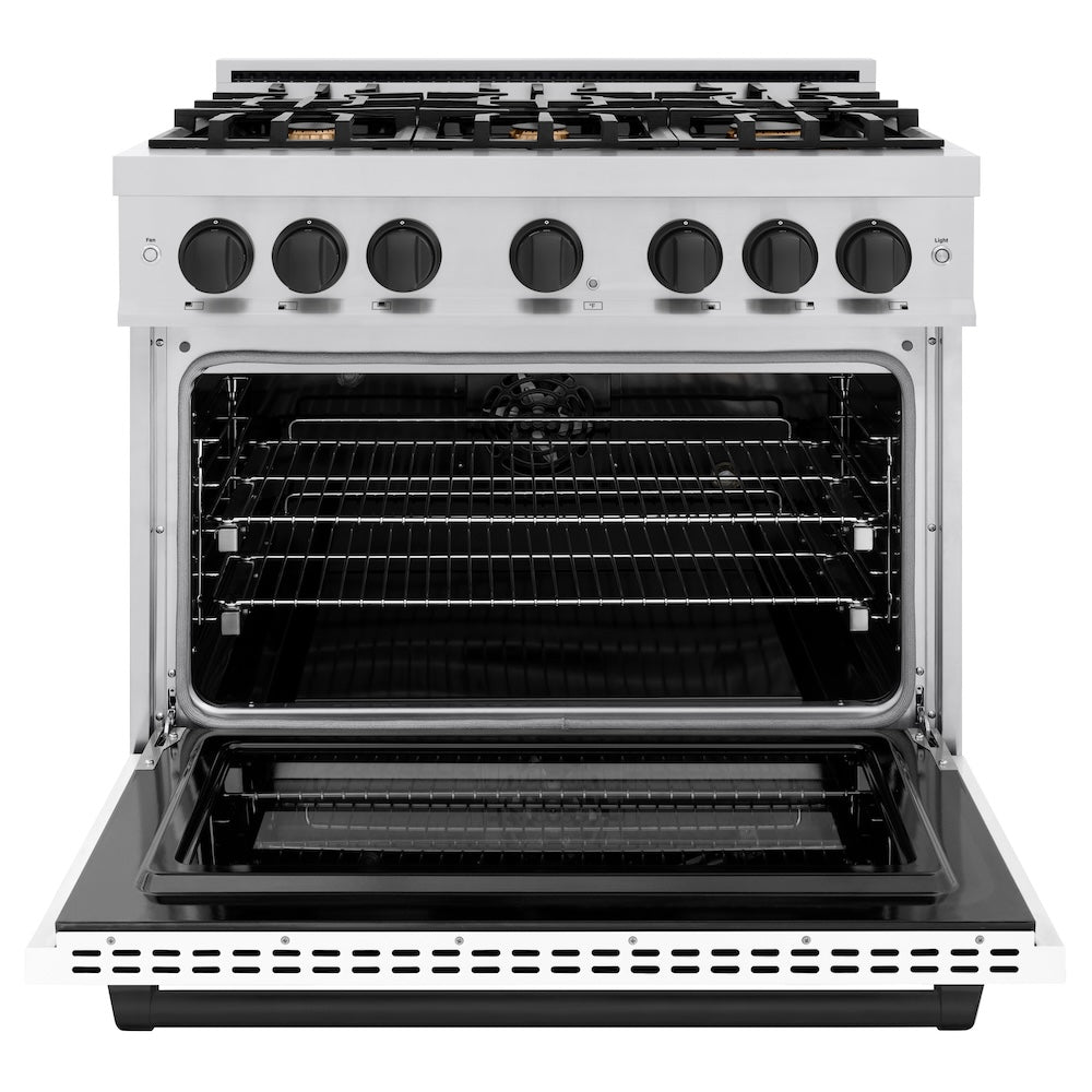 ZLINE Autograph Edition 36 in. 5.2 cu. ft. Select Dual Fuel Range with 6 Burner Gas Cooktop and Electric Convection Oven in Stainless Steel with White Matte Door and Matte Black Accents (HDRZ-WM-36-MB)
