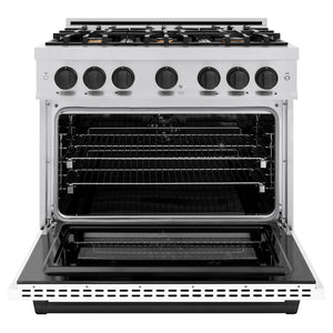 ZLINE Autograph Edition 36 in. 5.2 cu. ft. Select Dual Fuel Range with 6 Burner Gas Cooktop and Electric Convection Oven in Stainless Steel with White Matte Door and Matte Black Accents (HDRZ-WM-36-MB)