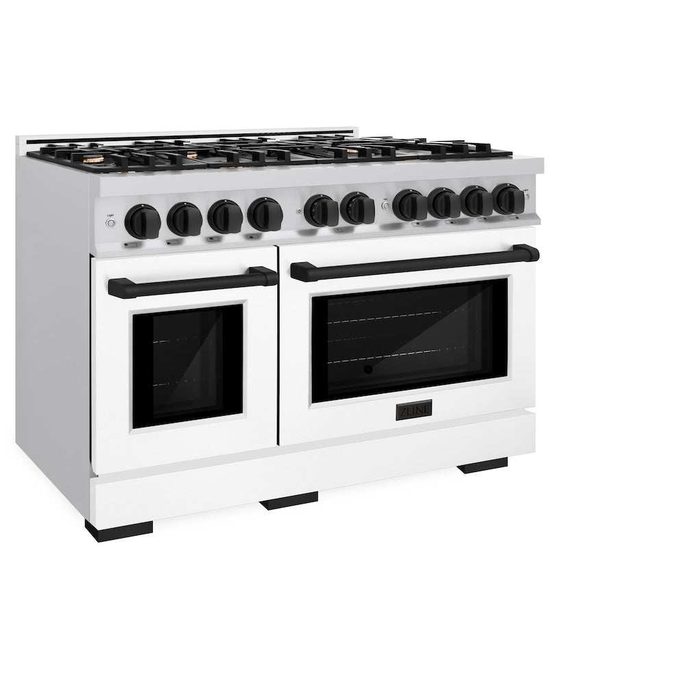 ZLINE Autograph Edition 48 in. 6.7 cu. ft. Select Double Oven Dual Fuel Range with 8 Burner Gas Cooktop in Stainless Steel with White Matte Door and Matte Black Accents (HDRZ-WM-48-MB)