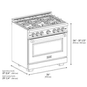 ZLINE Autograph Edition 36 in. 5.2 cu. ft. Select Dual Fuel Range with 6 Burner Gas Cooktop and Electric Convection Oven in Stainless Steel with Black Matte Door and Polished Gold Accents (HDRZ-BLM-36-G)