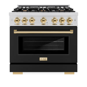 ZLINE Autograph Edition 36 in. 5.2 cu. ft. Select Dual Fuel Range with 6 Burner Gas Cooktop and Electric Convection Oven in Stainless Steel with Black Matte Door and Polished Gold Accents (HDRZ-BLM-36-G)