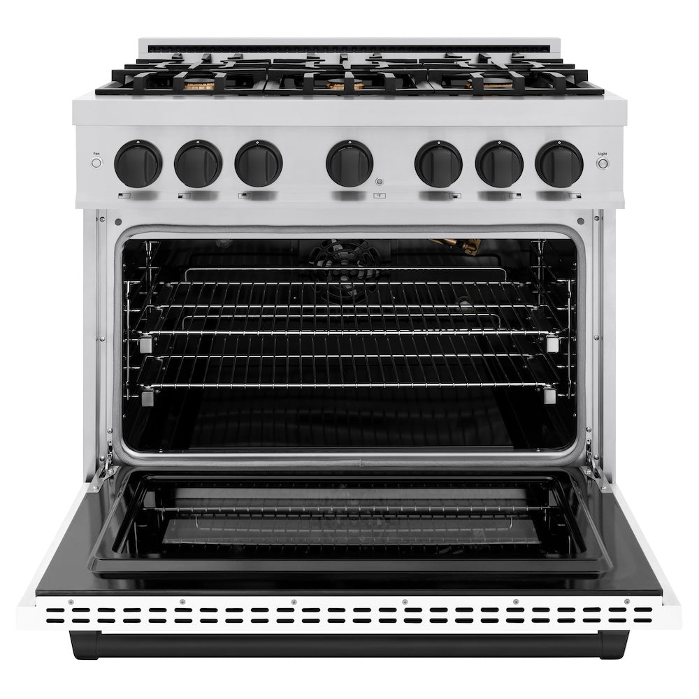 ZLINE Autograph Edition 36 in. 5.2 cu. ft. Select Gas Range with 6 Burner Cooktop and Convection Gas Oven in Stainless Steel with White Matte Door and Matte Black Accents (HGRZ-WM-36-MB)