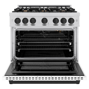 ZLINE Autograph Edition 36 in. 5.2 cu. ft. Select Gas Range with 6 Burner Cooktop and Convection Gas Oven in Stainless Steel with White Matte Door and Matte Black Accents (HGRZ-WM-36-MB)
