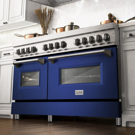 ZLINE 60 in. 7.4 cu. ft. Dual Fuel Range with Gas Stove and Electric Oven in Stainless Steel with Blue Matte Doors (RA-BM-60)