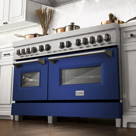 ZLINE 60 in. 7.4 cu. ft. Legacy Dual Fuel Range with 9 Burner Gas Cooktop and 2 Electric Convection Ovens in DuraSnow® Stainless Steel and Blue Matte Doors (RAS-BM-60)