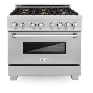 ZLINE 36 in. 4.6 cu. ft. Legacy Dual Fuel Range with Gas Cooktop and Electric Convection Oven in DuraSnow® Stainless Steel with 6 Brass Burners (RAS-SN-BR-36)
