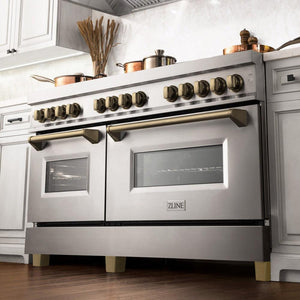 ZLINE Autograph Edition 60 in. 7.4 cu. ft. Legacy Dual Fuel Range with 9 Burner Gas Cooktop and 2 Electric Convection Ovens in Stainless Steel and Champagne Bronze Accents (RAZ-60-CB)