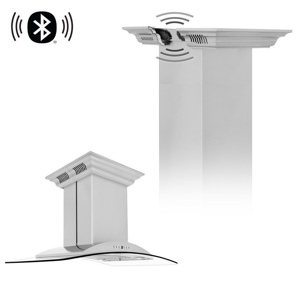 ZLINE Island Mount Range Hood in Stainless Steel with Built-in CrownSound Bluetooth Speakers (GL9iCRN-BT)