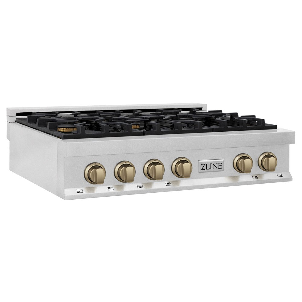 ZLINE Autograph Edition 36 in. Legacy Gas Rangetop with 6 Burners and Porcelain Cooktop in DuraSnow® Stainless Steel with Champagne Bronze Accents (RTSZ-36-CB)