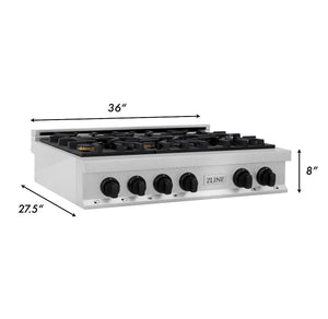 ZLINE Autograph Edition 36 in. Porcelain Rangetop with 6 Gas Burners in DuraSnow® Stainless Steel with Matte Black Accents (RTSZ-36-MB)
