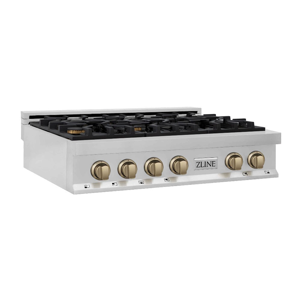 ZLINE Autograph Edition 36 in. Legacy Gas Rangetop with 6 Burners and Porcelain Cooktop in Stainless Steel with Champagne Bronze Accents (RTZ-36-CB)