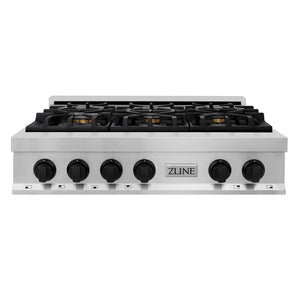 ZLINE Autograph Edition 36 in. Legacy Gas Rangetop with 6 Burners and Porcelain Cooktop in Stainless Steel with Matte Black Accents (RTZ-36-MB)