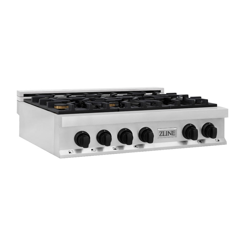 ZLINE Autograph Edition 36 in. Legacy Gas Rangetop with 6 Burners and Porcelain Cooktop in Stainless Steel with Matte Black Accents (RTZ-36-MB)