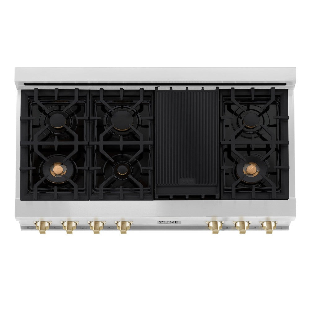 ZLINE Autograph Edition 48 in. Legacy Gas Rangetop with 7 Burners and Porcelain Cooktop in Stainless Steel with Polished Gold Accents (RTZ-48-G)