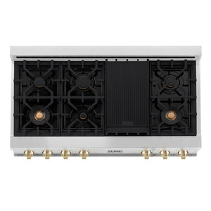 ZLINE Autograph Edition 48 in. Legacy Gas Rangetop with 7 Burners and Porcelain Cooktop in Stainless Steel with Polished Gold Accents (RTZ-48-G)