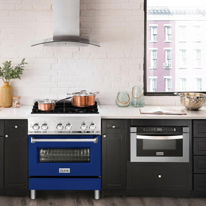 ZLINE 30 in. 4.0 cu. ft. Legacy Dual Fuel Range with 4 Burner Gas Cooktop and Electric Convection Oven in Stainless Steel and Blue Gloss Door (RA-BG-30)